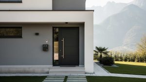 fasad rumah dengan pintu besi minimalis dan pemandangan gunung