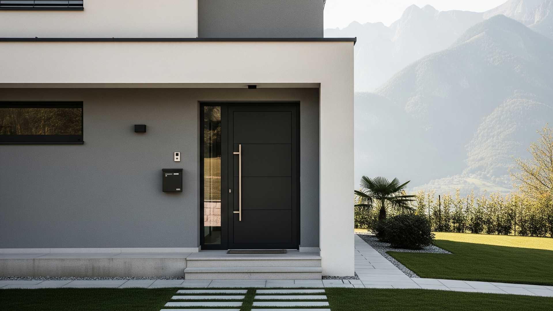 fasad rumah dengan pintu besi minimalis dan pemandangan gunung